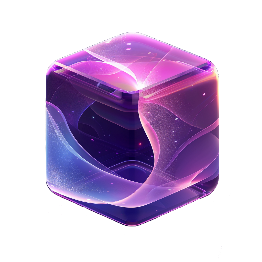 Etherworld Logo (A purple cube icon with an abstract shape inside, featuring gradient effects and light reflections on the sphere's surface. It features a simple style of technology illustration, with a sense of future space and evokes a trusting mood.)